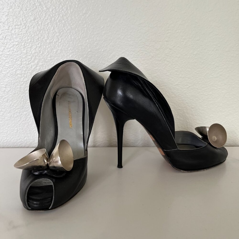 Barbara Goodman Black Peep-toe Heels with silver, cone-shaped embellishments - Picture 4 of 10